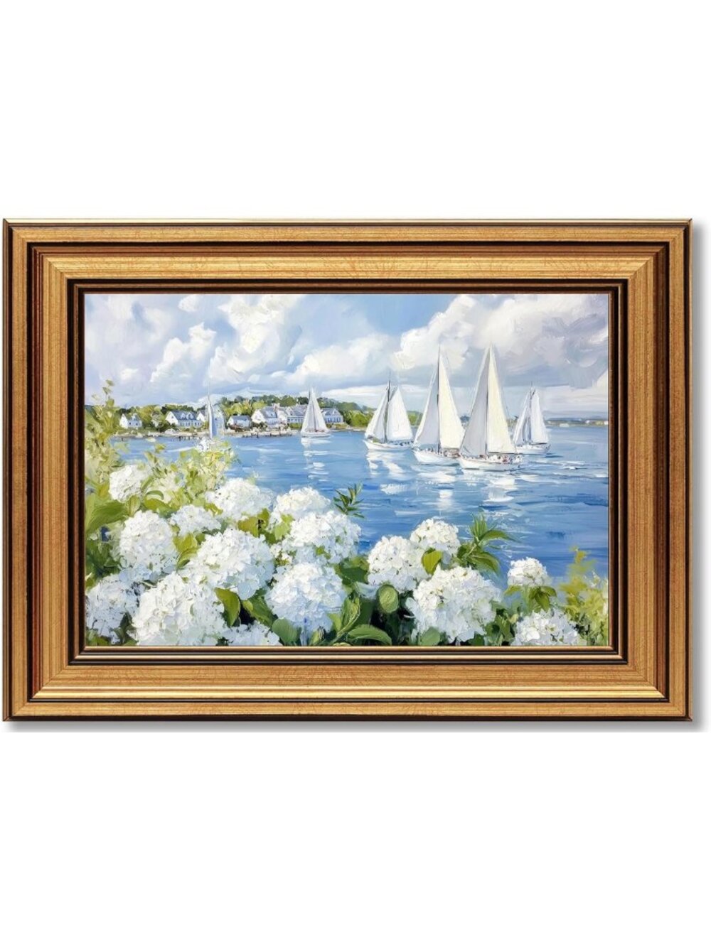 Vintage Coastal Wall Art - Sailboat Seascape & White Hydrangea Decor 9x11in